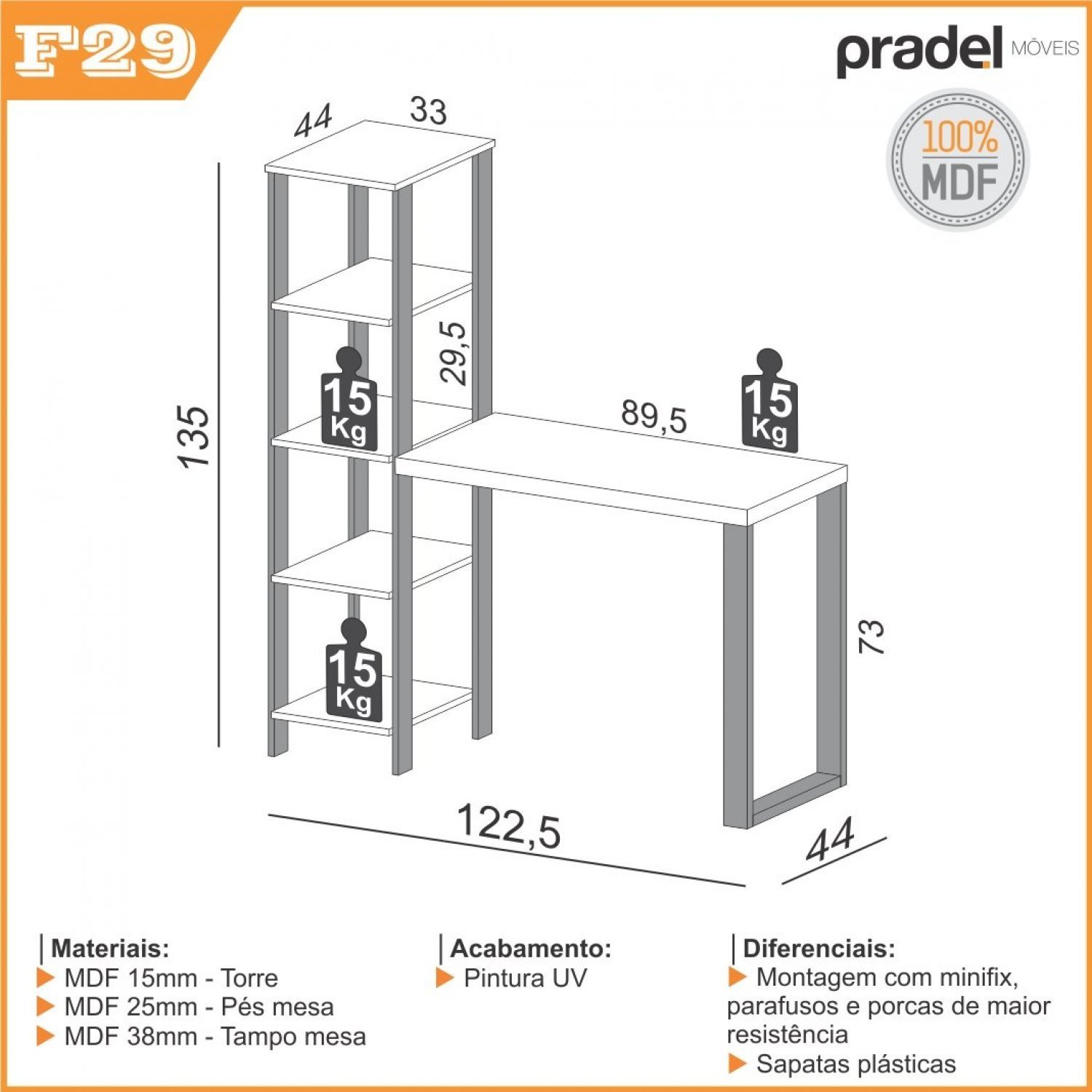 Escrivaninha 100% MDF 5 Prateleiras 122,5x44cm Industrial  - 3