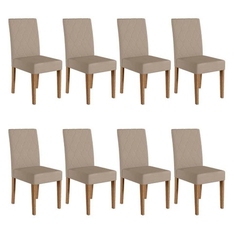 Kit 8 Cadeiras de Jantar Jade MDF Suede Bege Base Carvalho Pallazio