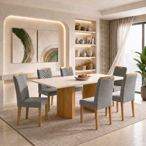 Conjunto de Mesa de Jantar 6 Lugares 160x80cm MDF Isla Carol Cinamomo e Cinza
