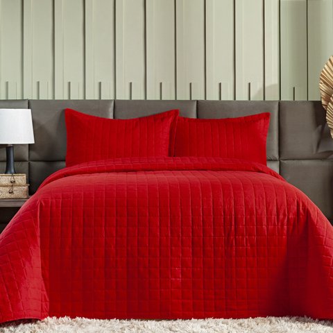 Kit Colcha Cobre Leito Casal King Size 3 Peças Cama 300 Fios Porta Travesseiro Cores Vivas Vermelho