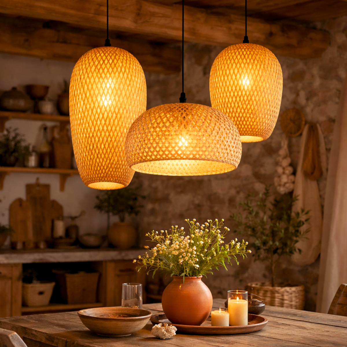 Ver imagem 1 de Kit 3 Luminárias Teto 37cm 30cm 28cm Bambu Natural Artesanal Lustre Pendente Gimpo Kb1