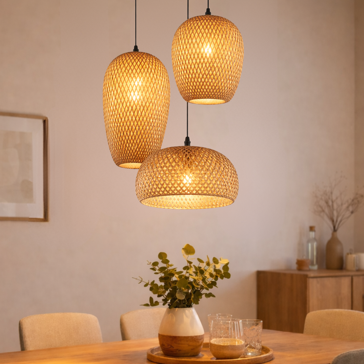 Ver imagem 5 de Kit 3 Luminárias Teto 37cm 30cm 28cm Bambu Natural Artesanal Lustre Pendente Gimpo Kb1