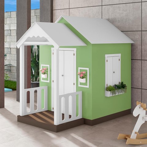 Casinha de Brinquedo Mdf com Varanda Artesanal Branco/verde L12 - Gran Belo Casinha Infantil