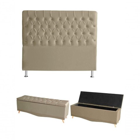 Kit Estrela Cabeceira de Cama Box e Calçadeira Baú Pés Palito Botão Cristal King 195 Cm Suede
