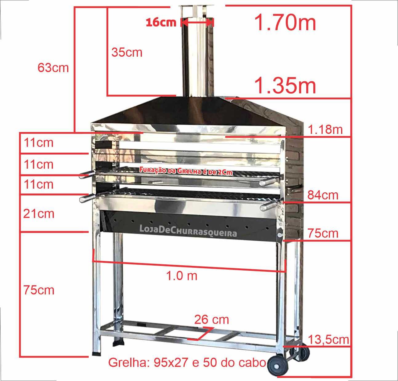 Churrasqueira Inox para Espetinho Profissional Um Metro Tres Altura e 2 Grelhas Toda Inox Reforçada - 2