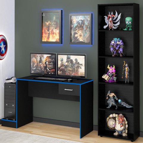 Conjunto 2 Peças com 1 Escrivaninha Gamer e 1 Estante para Livros 5 Prateleiras