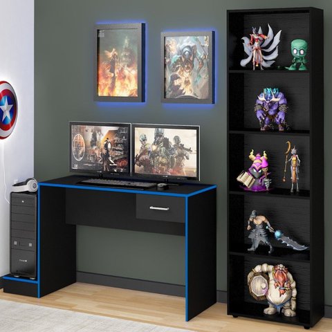 Conjunto 2 Peças com 1 Escrivaninha Gamer e 1 Estante para Livros 5 Prateleiras Branco