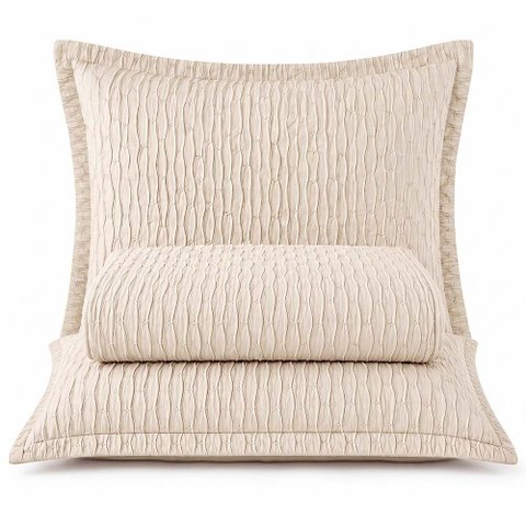 Kit Cobre Leito Elegance Casal Percal 300 Fios Colcha Matelassê Plissado 3 Peças Bege