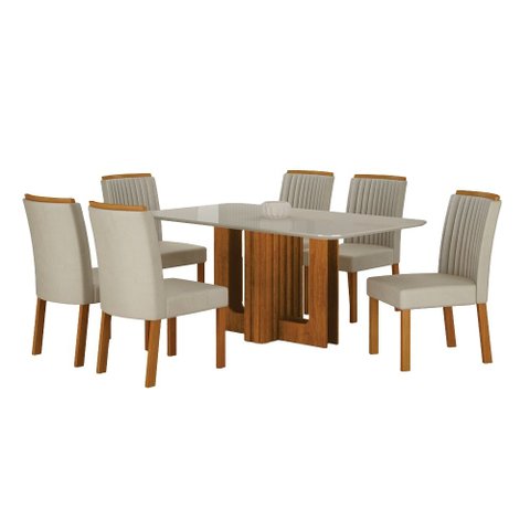 Conjunto Sala de Jantar Sofia 1,60m Tampo Vidro Off com 6 Cadeiras Jade Cinamomo/Joli Palha