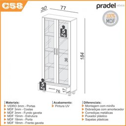 Armário para Escritório 77cm 2 Portas de Vidro 1 Gaveta MDF Freijó - 3