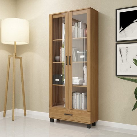 Armário para Escritório 77cm 2 Portas de Vidro 1 Gaveta MDF Freijó