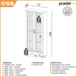 Armário para Escritório 100% MDF 2 Portas de Vidro 1 Gaveta 3 Prateleiras  - 3