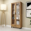 Ver imagem 1 de Armário para Escritório 100% MDF 77cm 2 Portas de Vidro 1 Gaveta Freijó Marrom