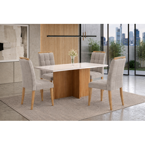 Sala de Jantar Loas Angeles 120cm c/Vidro com 4 Cadeiras Madeira Maciça Londres Cinamomo/Off Veludo 