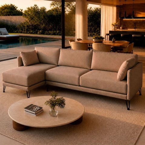 Sofá Sala de Estar Atena Chaise Esquerdo Pés de Ferro 374cm 6 Lugares Linho Marrom Claro M1 - Monari