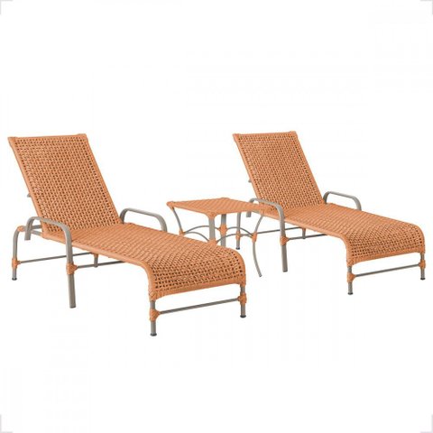 2 Espreguiçadeira Catar e 1 Mesa Garden Cor Fendi Corda Náutica