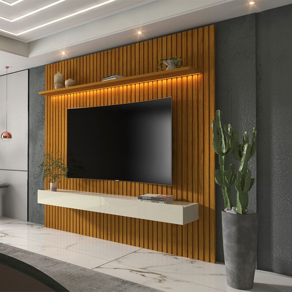 Painel para Tv até 85 Polegadas Nobre Ripado 2 Gavetas 100% Mdf com Led ...