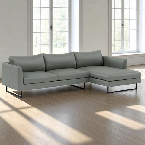 Sofá 4 Lugares com Chaise Lado Direito e Revestimento em Couro Sintético Cinza Médio