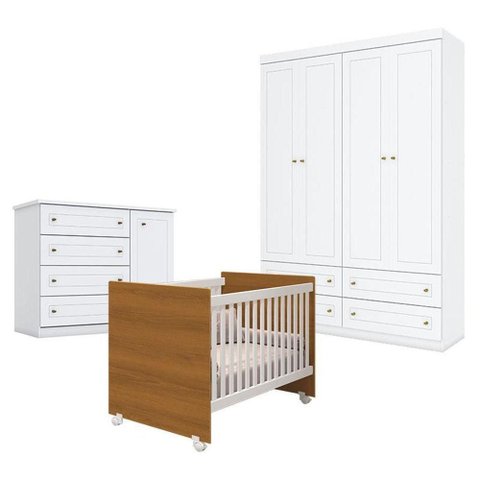 Quarto de Bebê Americano 4 Portas Com berço Nacional Mel Branco Savana - Reller - Henn