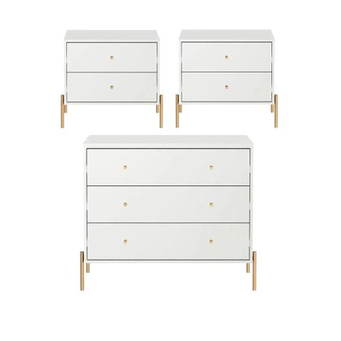 Conjunto 2 Mesas de Cabeceira e Cômoda 3 Gavetas Jasper - Branco C/ Dourado