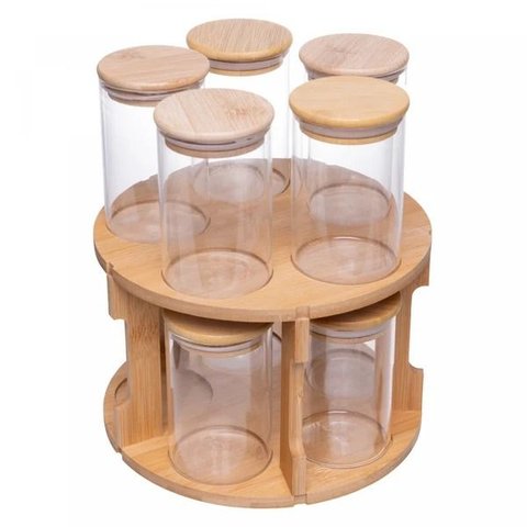 Conjunto 10 Potes em Borossilicato com Tampa Hermética e Rack Giratório em Bambu 120 ml Wolff
