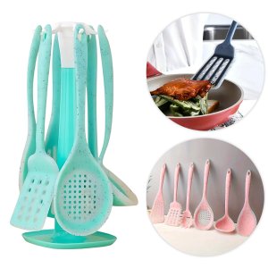 Kit 7 Peças Utensílios Cozinha Silicone Resistente e Durável:verde Água
