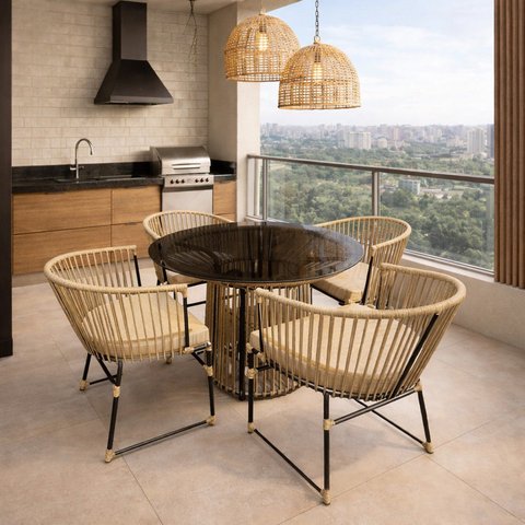 Conjunto 1 Mesa e 4 Cadeiras Costa Bella Bege/Rami/Areia