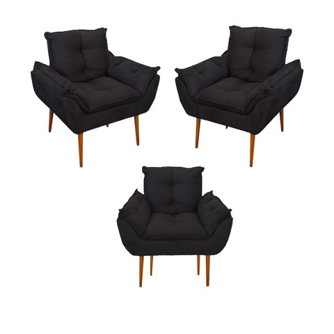Kit 03 Poltronas Opala Confortável Sala, Quarto Cor:preta