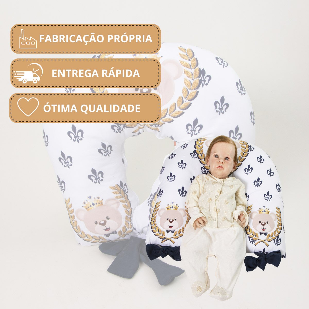 Almofada Amamentação Estampada Bebê Menino com Enchimento e Zíper - Rei Arthur Marinho - 5