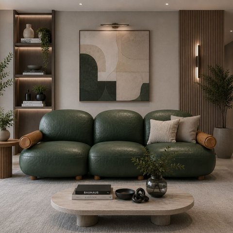 Sofá Leaf 250 cm 3 Lugares Orgânico Luxo Sala de Estar: Courino Sintético Verde
