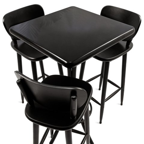 Cj Mesa Madeira 60x60cm - Bistrô Fixa 98cm + 3 Banquetas 73 - Preta - Liso