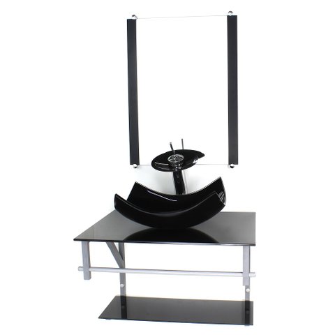 GABINETE DE VIDRO PARA BANHEIRO 60CM AC CUBA RETANGULAR CURVADA PRETO FULL COM TORNEIRA CASCATA