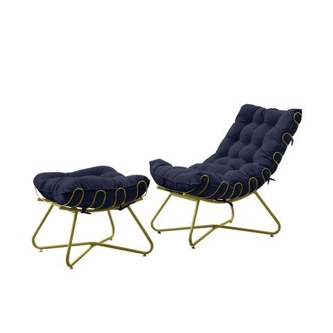 Poltrona Costela com Puff Eva Base Metal Dourado - Veludo Azul