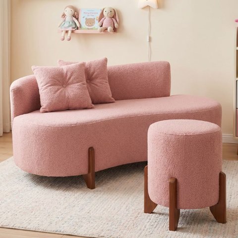 Conjunto Sofá Curvo Orgânico + 01 Puff Luna Boucle Rosa - Montanaris Decor