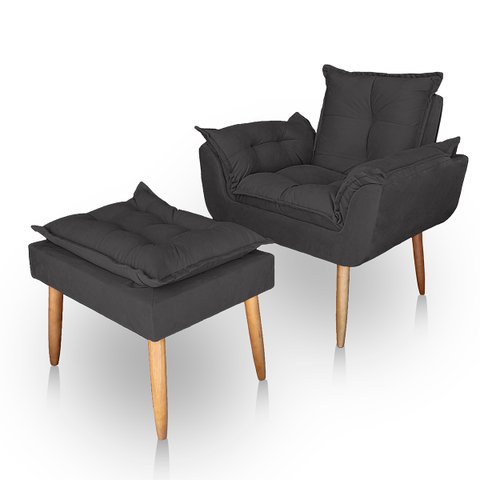 Kit Poltrona Decorativa e Puff Paola Pes Palito Suede Cinza