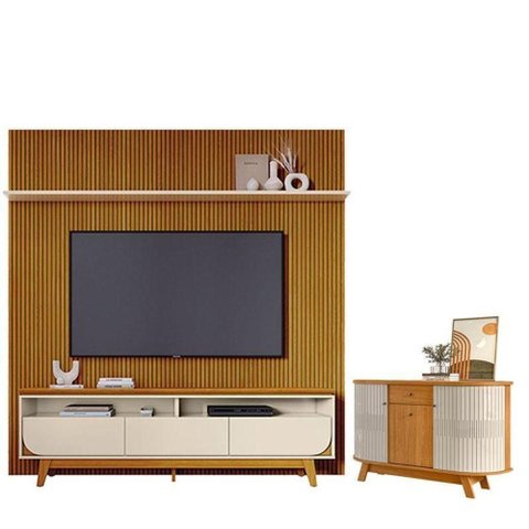 Estante Home Theater com Bancada Suspensa Luna com Aparador para Sala Buffet Monza Cinamomo Off