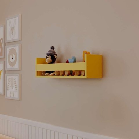 Kit Prateleira Porta Brinquedo 60 x 12cm MDF Amarela com Suporte Invisível