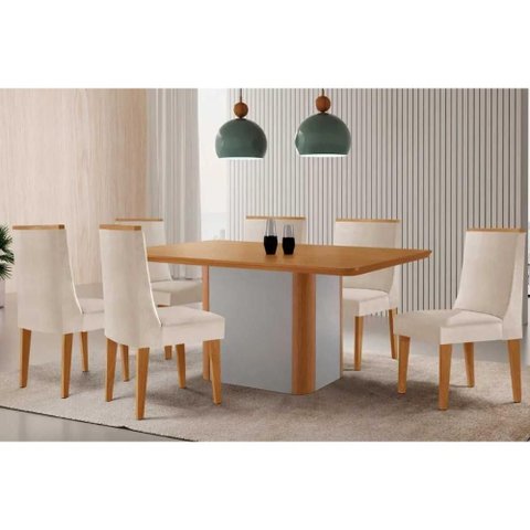 Conjunto: Mesa Sala Jantar Pietá C/ Tampo Madeirado Canto Curvo 180x90cm e 6 Cadeiras Dakota
