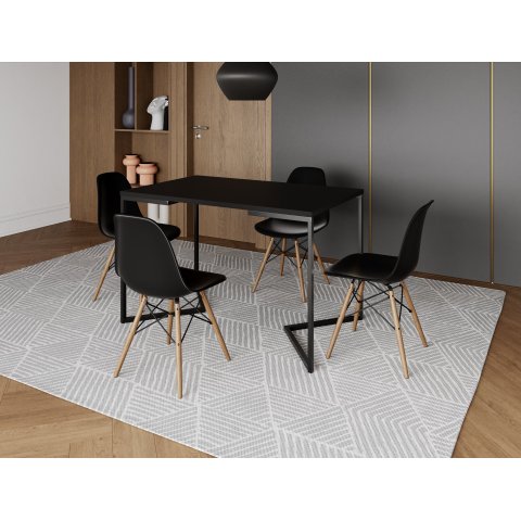 Mesa Industrial Base Ferro Preto em V Tampo 137x90 Preto 4 Cadeiras Eames Madeira Assento Preto