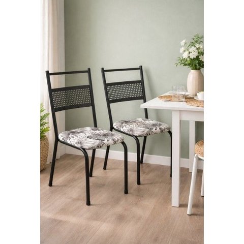 Kit de 2 Cadeiras Sara Estrutura Top Encosto com Detalhe Vazado Estofado Estampado Ramado Branco