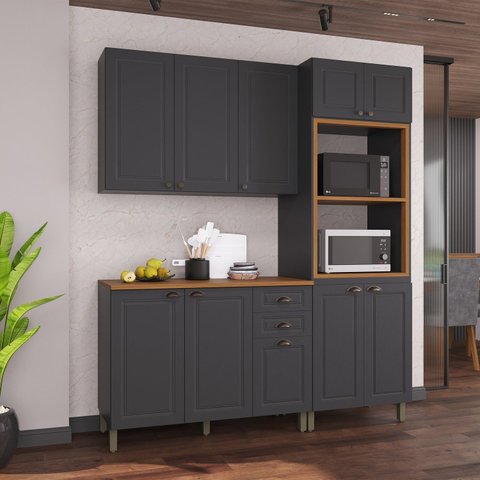 Cozinha Modulada 3 Peças 1 Torre Quente 1 Balcão com Tampo 1 Aéreo 100% MDF Bari