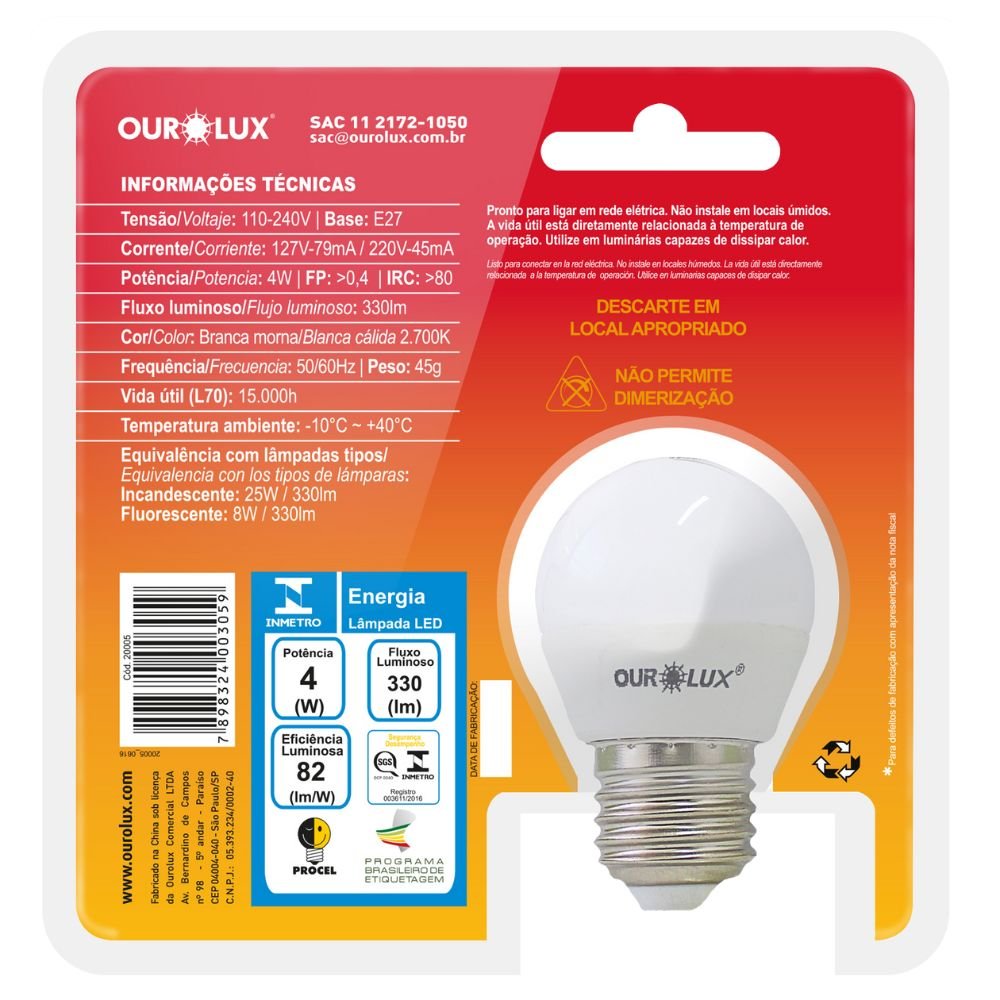 Kit 10 Lâmpadas LED Superled Ourolux 4W Bolinha G45 branco morno quente - 6