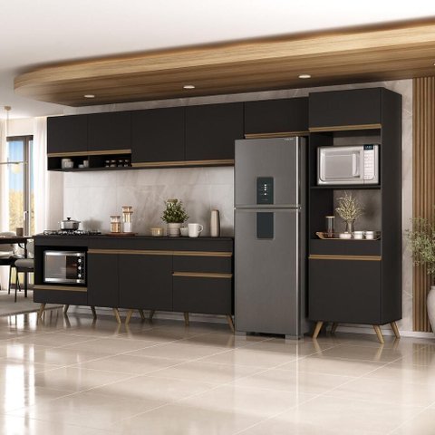 Cozinha Modulada Completa 357cm 6 Peças com Balcão para Cooktop Veneza Multimóveis Mp2272 Preto