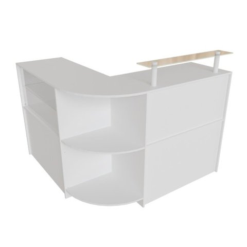Balcão Caixa Com Vitrine e Prateleira de Vidro Em L Modelo New 134+134 x 95 x 45 cm Comac Branco