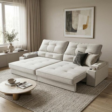 Sofá com Chaise Santiago 4 Lugares Retrátil e Reclinável 230cm Creme