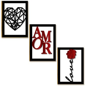 Placas Mdf Amor 3d Preto Vermelho Flor Love Parede A4