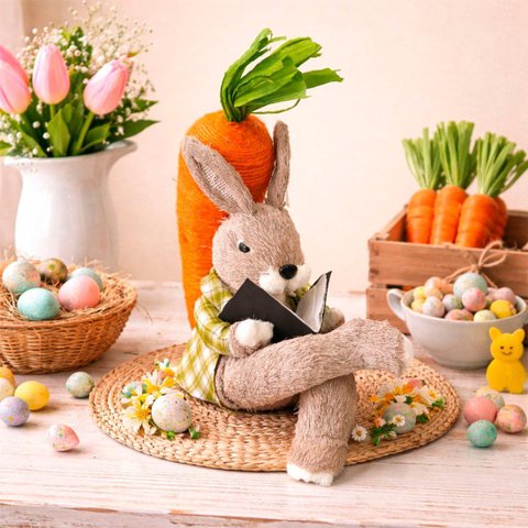 Boneco Coelho Leitor Sentado Cenoura Decoração Páscoa 35cm