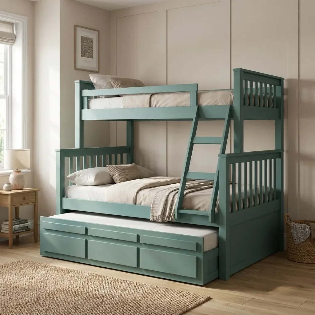 Treliche Cama Casal em Madeira Maciça com Cama Auxiliar e 3 Gavetas Verde