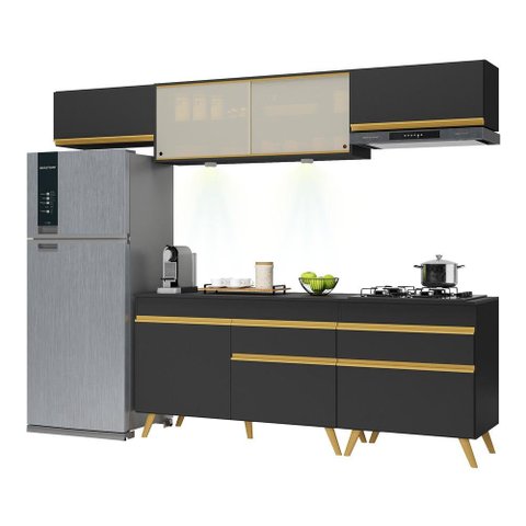 Armário de Cozinha Completa 260cm com Leds Veneza Up Multimóveis V2033 Preto/Dourado