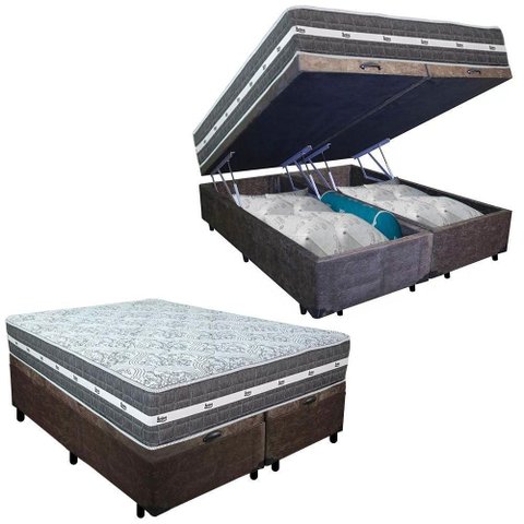 Cama Box Baú Casal Bipartido Suede + Colchão Anjos Black Graphite Molas Ensacadas 138cm Suporta At